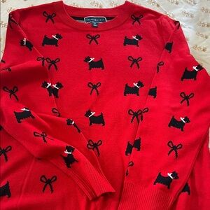 Karen Scott Red Sweater with Black Scottie Dog and Bow Motif